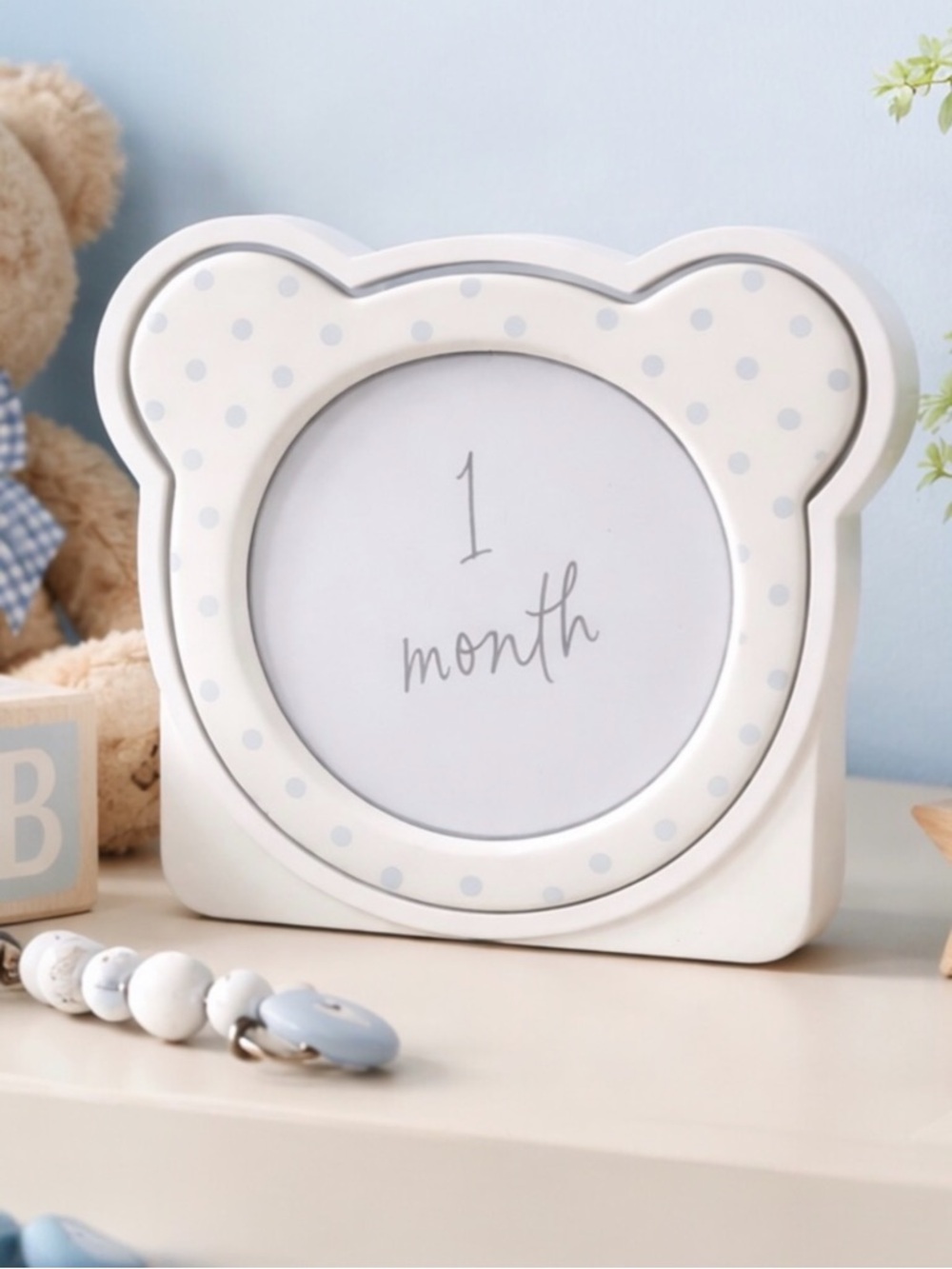 Hallmark Cream and Light Blue Bear-Shaped Baby milestone frame